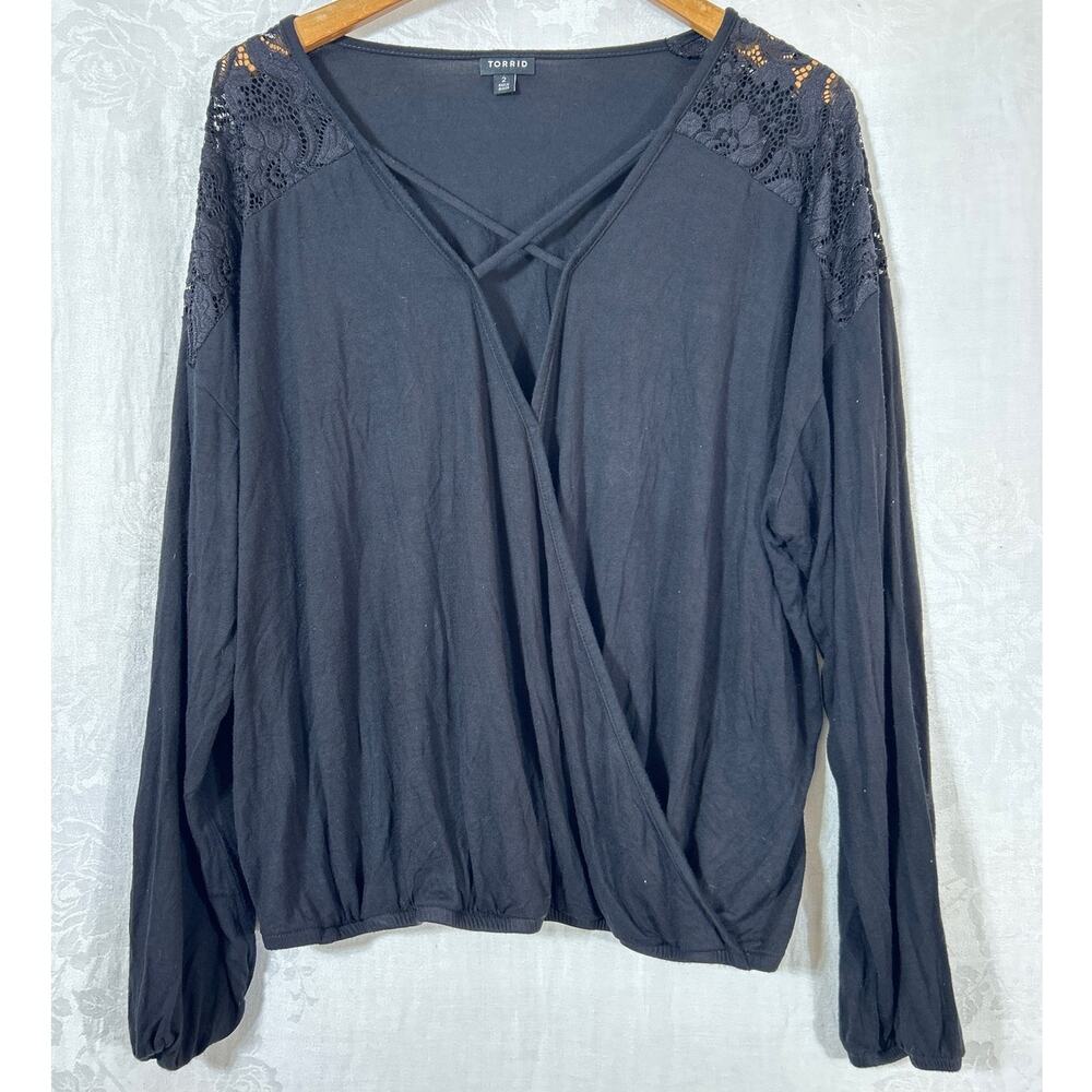 Torrid 2 2X Black Faux Wrap Top Strappy Lace Detail Boho